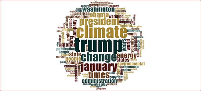 Climate change and global warming coverage in January 2017 from five US sources: the Washington Post, the Wall Street Journal, the New York Times, USA Today, and the Los Angeles Times. Size of the term represents its frequency of appearance in the dataset (e.g. Trump = 3174; science = 663)