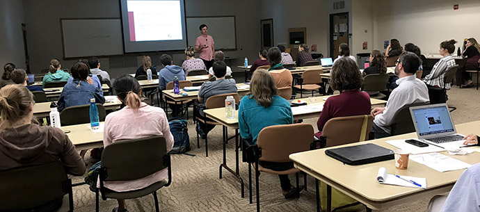 Bienvenido León speaking to polar researchers as part of the US National Committee of the Association of Polar Early Career Scientists (USAPECS) preceding the International Glaciological Society meeting.