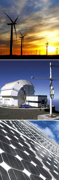 Images of wind turbines, weather station and solar panel