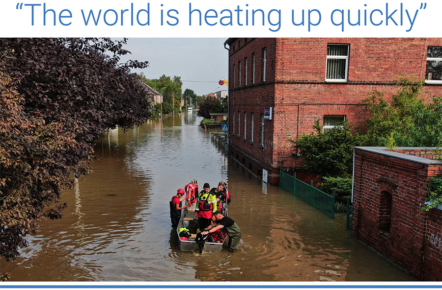 Firefighters on the flooded streets of Lewin Brzeski, Poland, on September. Photo: Omar Marques/Getty Images.