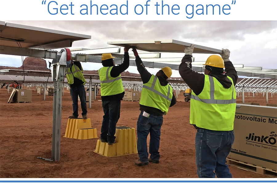 The construction project to build the Kayenta solar farms on the Navajo Nation, shown here in 2018, employed hundreds of people, nearly 90 percent of whom were Navajo citizens. Photo: Navajo Tribal Utility Authority / Navajo Nation.