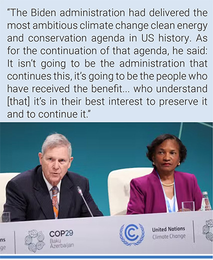 US secretary of agriculture Tom Vilsack and Council on Environmental Quality president Brenda Mallory at COP29. Photo: Murad Sezer/Reuters.