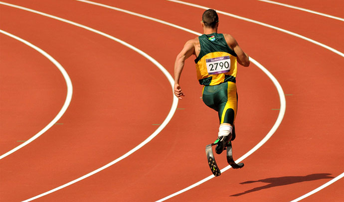 Oscar Pistorius competing at the 2012 Summer Olympics in London.
Photo:  Wikimedia Commons, Will Clayton.